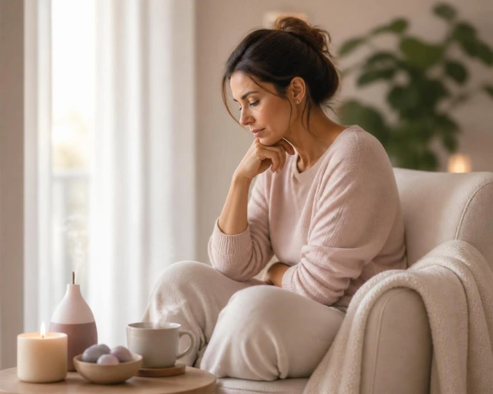 AI Generated Mujer reflexionando en calma con objetos de relax (tonos claros)